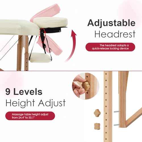 FDW Massage Bed Portable Massage Table 24 inch Wide Lash Bed 2 Folding Height Adjustable Spa Tables Foldable with Towel Hanger Oil Pouch Half Bolster Round Bolster Non-Woven Bag