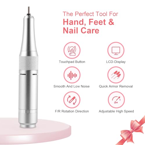 Electric 45000RPM Nail Drill Machine Rechargeable Portable Nail File Electric DIY Nail Drill Kit with Smart LCD Screen for Gel Nail Manicure and Pedicure Reflective Body etc (White)