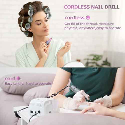 Electric Nail Files Cordless, Professional Nail Drill LCD Display with 12 Bits 30000RPM Rechargeable Manicure Pedicure EFile for Gel?Nail?Polish Acrylic Nails Thick Toenails Removal, Grey Pink