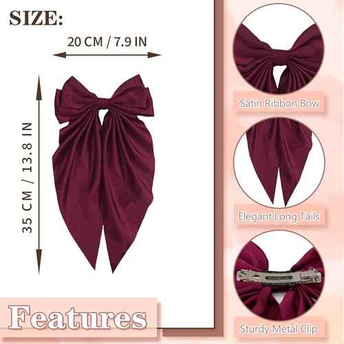 Hair Bows Vintage Bow Clips Dark Red Ribbon Bows Barrettes Large Bowknot Clip Satin Bowknot French Barrette Long Tail Cute Bow Hair Accessories For Girls Women