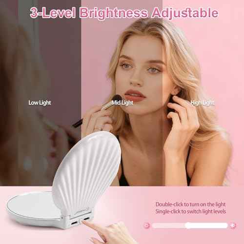 Compact Makeup Mirror with Lights Travel Vanity Mirror with Lights Small Compact Mirror 2x/10x Magnification & LED Lighted, Magnifying Mirror Portable Adjustable Rechargeable, White