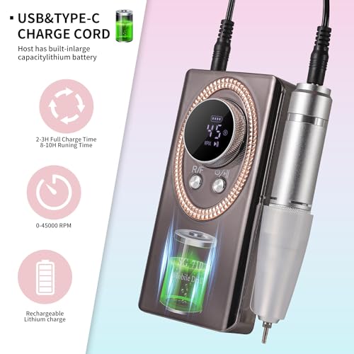 Electric Nail File for Acrylic Nail Kit, 45000RPM Electric Nail Drill Professional Manicure Pedicure Set with Nail Drill Kit Bits, Efile Cordless for Manicure