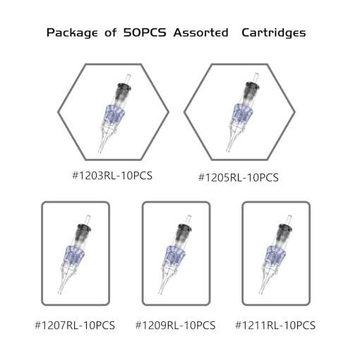 BRONC Assorted Tattoo Cartridge Needles 50pcs Mixed Tattoo Needle Cartridges Round Liner 0.35mm #12 Standard RL (3RL 5RL 7RL 9RL 11RL) for Rotary Tattoo Machine