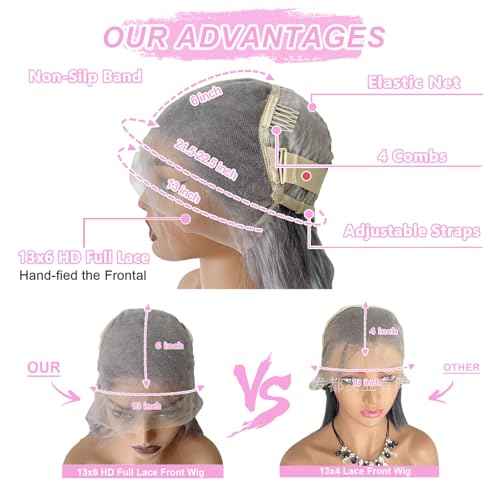 13x6 Grey Lace Front Wigs Human Hair Pre Plucked with Baby Hair 180 Density Glueless HD Transparent Lace Frontal Body Wave Wigs Human Hair for Black Women Silver Grey Colored Wig 22 Inch