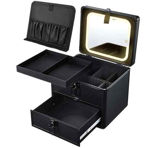 Makeup Case with Drawer, Detachable Lighted LED Mirror, Makeup Organizer Box Travel Make up Vanity Case Portable Cosmetic Train Case for MUA Lockable Makeup Suitcase with Adjustable Dividers