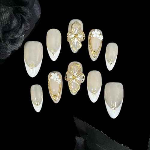 Handmade Press On Nails Medium Almond Shape White French 3D Floral & Star Design with Gold Accents | Elegant Fake Nails Reusable Acrylic Nail Tips with Crystals & Soft Beige Base (Elegant White, M)