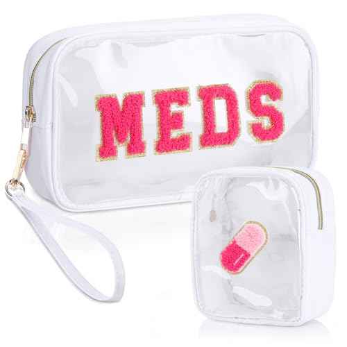 Hillban 2 Pcs Medicine Chenille Letter Bag Preppy Clear Nylon Portable Makeup Meds Cases for Travel PVC Transparent Mini First Aid Storage Bag Gift for Christmas Women(Adorable)