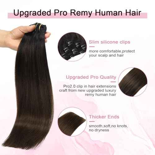Pro2.0 Clip in Hair Extensions Real Human Hair 120g Thick 7pcs Color #1BT4 Natural Black Fading to Middle Brown Remy Real Human Hair Extensions Clip ins 14inch Double Weft£¨#1BT4-14inch£©