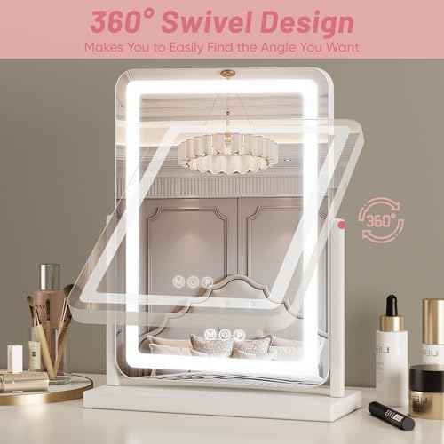 Suidia Vanity Mirror with Lights, 18"¡¿14" LED Makeup Mirror with Light, Smart Touch with 3-Color Lighting, 360¡ÆRatation for Vanity Desk Tabletop,White,Lamp Belt Style
