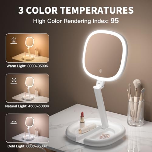 6.3¡± Makeup Mirror with Light and Magnification, 10X/1X Light Up Makeup Mirror Lighted Make Up Mirror with Adjustable Height Double Sides Folding Magnifying Mirror with Light