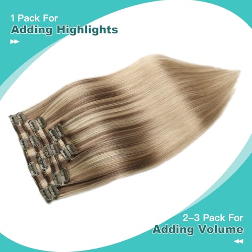 SURNEL Clip in Hair Extensions Balayage Golden Brown to Caramel Blonde Clip in Hair Extensions Real Human Hair 16inch 6pcs 100g(#10/27/27,16'')