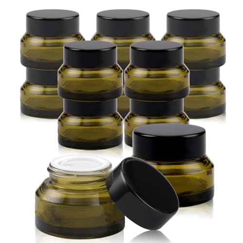 12 pack Glass Cosmetic Jars with Lids Small Lotion Containers for Traveling Green Empty Skincare Container for Face Cream Toiletries Makeup (1oz)