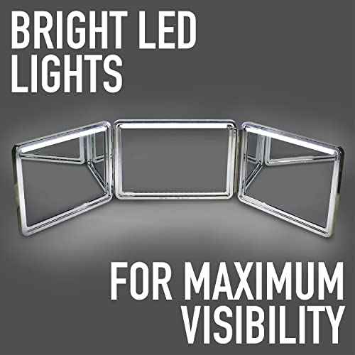 Self-Cut System LED 3 Way Mirror for Self Hair Cutting, Trifold Barber Mirror with Height Adjustable Hooks, 360 View, Includes Free Educational Mobile App (Heaven Lights)