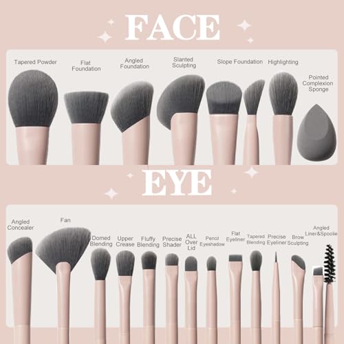 20pcs Pink Essential Makeup Brush Set Professional Powder Concealers Eye shadows Blush Eyeliner Eyebrow Contour Eye blending foundation kit (20pcs brush set)