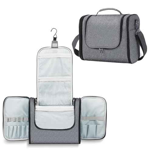 Buruis Extra Large Capacity Toiletry Bag for Women and Men, Hanging Toiletry Organizer Cosmetics Makeup Bag, Water-resistant Dopp Kit for Full Sized Toiletries, Travel Essentials (Oxford Gray)