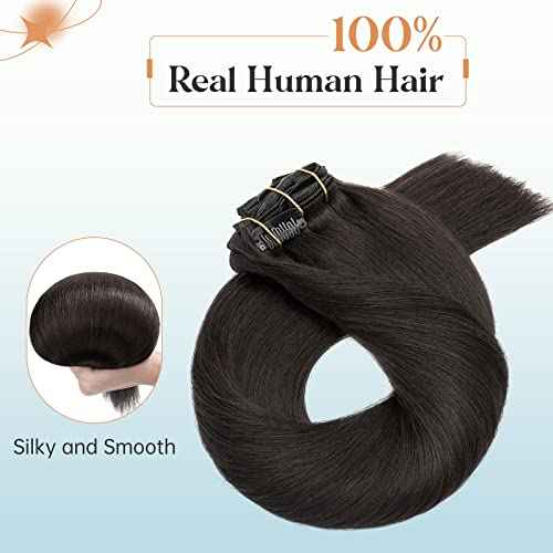 Elailite Clip in Human Hair Extensions, 125g 16 Inch 7pcs #1B Natural Black 100 Real Human Hair, Double Weft Handmade Soft Natural Straight Brazilian Virgin Remy Human Hair for Women