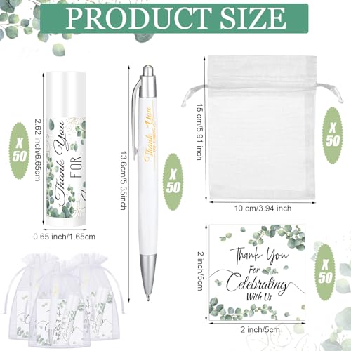 50 Set Wedding Thank You Gifts, Thank You Lip Balm Bulk Retractable Ballpoint Pen Appreciation Card Organza Drawstring Gift Bag Bridal Shower Gift for Guest Wedding Party(Eucalyptus Leaf)