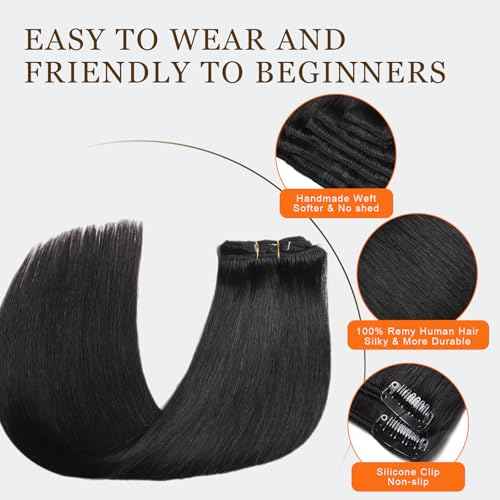 Clip in Hair Extensions Real Human Hair, Invisible Seamless Straight Remy Human Hair Extensions Clip ins for Women (1B Natural Black, 22'')