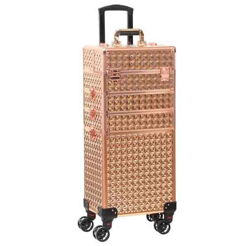 Rolling Train Case 4-in-1 Portable Makeup Train Case Professional Cosmetic Organizer Makeup Traveling case Trolley Cart Trunk (rose gold)