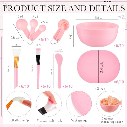 60 Pcs Spa Party Supplies for Women Pink Facial Mask Bowl Set with Facial Mask Bowls Spatula Brush Puff Measuring Scoop Basin Mirror Air Cushion Comb Headband Spa Birthday Party Favor