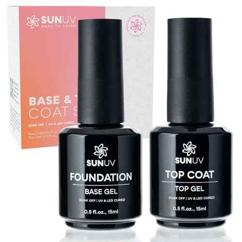SUNUV 15ml Gel Top Coat and Base Coat Set, Hema Free Gel Nail Polish Kit 2 Pack, Art Manicure UV Nail Lamp No Wipe High Gloss Gifts for Women