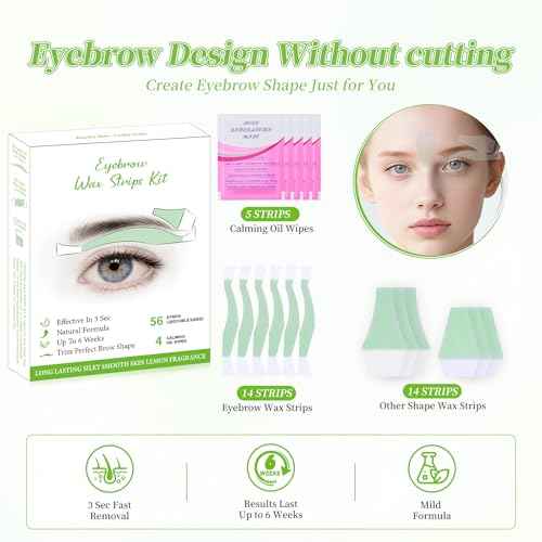 Eyebrow Wax Strips - 56 Eyebrow & Upper Lip Hair Remover with 4 Soothing Wipes | Natural Beeswax Formula | Painless at Home Hair Removal for Women & Sensitive Skin | Lasts 6 Weeks
