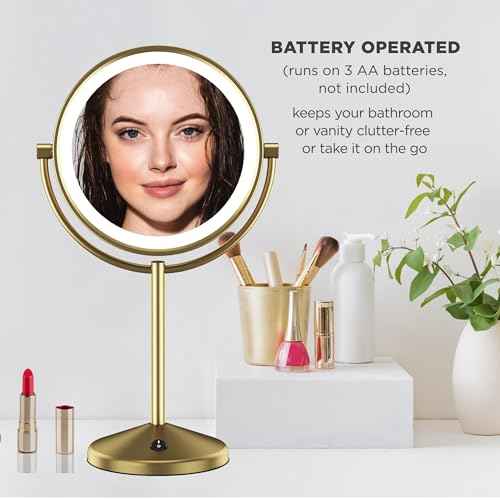 Conair Lighted Makeup Mirror, LED Vanity Mirror, 1X/10X Magnifying Mirror, Double Sided, Battery Operated in Brushed Brass