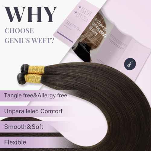 Fshine Genius Weft Real Human Hair Genius Weft for Women Darkest Brown 24 Inch Hair Bundle Remy Human Bundle Natural Human Weave 60 Gram