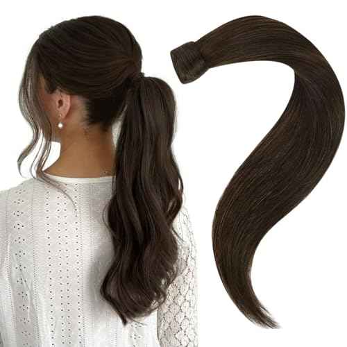 Easyouth Human Hair Ponytail Extensions Dark Brown Pony Tails Hair Extensions Human Hair Brown Ponytail Extension Human Hair for Women 18Inch 80g
