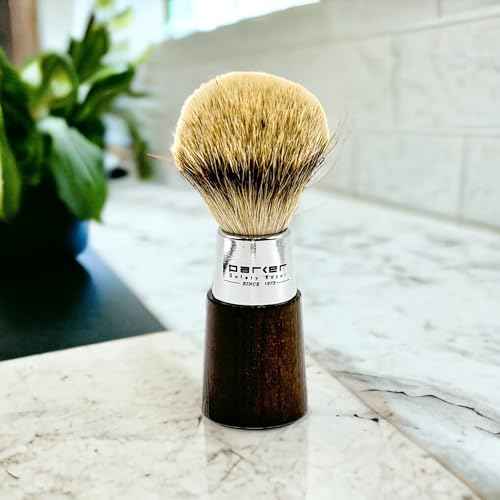 Parker Safety Razor Handmade Shaving Brush with 3-Band Silvertip Badger Bristles & Stand | Premium Walnut Wood & Chrome Handle | Luxury Wet Shave Tool for Men