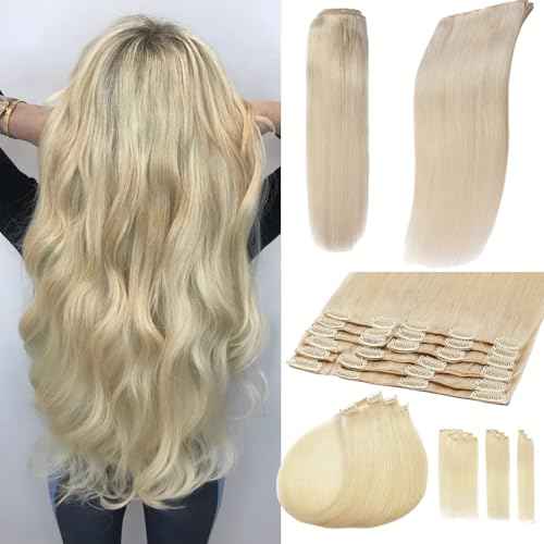 Clip In Hair Extensions Real Human Hair, Remy Human Hair Extensions 12PCS Long Soft Natural Hair piece 14-28 Inch Straight Hair Extension for Women(180g-250g 60# Platinum Blonde)