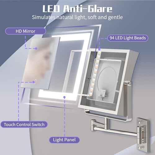 Wall Mounted Makeup Mirror with Lights 4000mAh Rechargeable Double Sided 1X/10X Magnifying Lighted Vanity Mirror with 3 Color Lights & Touch Dimmable 360¡Æ Rotation Extension Swing Arm for Bathroom