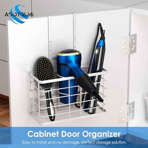 Hair Tool Organizer, Dryer Holder, 3 in 1 Blow Bathroom Organizer Wall Mounted/Cabinet Door for Flat Iron, Curling Straightener, Care & Styling Tools Storage Basket (White)