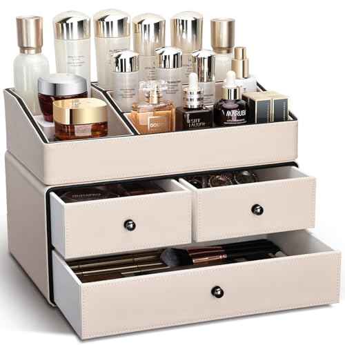 KINGFOM Leather Makeup Organizer with 3 Drawers, 2 Tier Cosmetic Storage Organizer for vanity Dresser Countertop and Bathroom Vanity, Beauty Holder for Lipstick Brush Skincare (Beige)