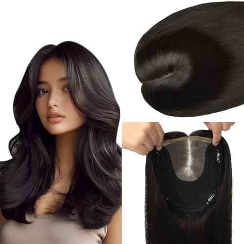 HAIR 14 Inch Hair Toppers for Women Real Human Hair Natural Black color 150 Density 6x7inch Silk Base 65 grams All Remy Human Hair Wiglets Hairpieces for Thinning Hair (#1B 14inch)