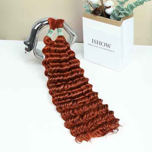 ISHOW Raw Human Braiding Hair, 100% Unprocessed Virgin Human Hair, 15A Deep Wave Boho Hair, 100g 20 Inch (2 Packs), NO.1 Premium Quality Boho Hair Producer, Long Lasting, Dark Ginger Color 350