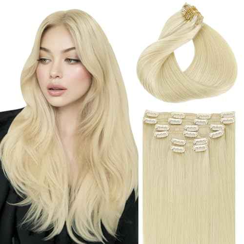 Clip in Hair Extensions Real Human Hair By 14 inch, Color Blonde Human Hair Clip in Extensions 100grams,6pcs Per Set With 18 Clips Double Weft(#60,14'')