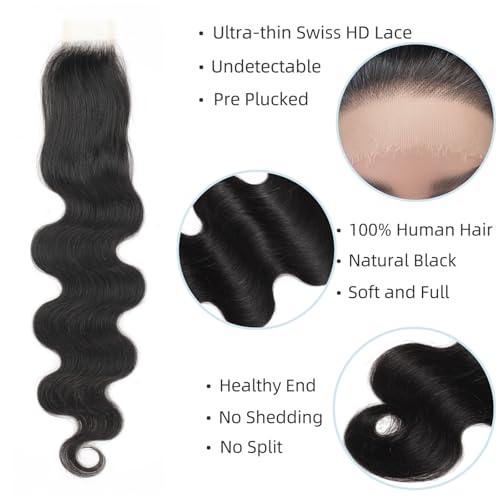 2X6 SKINLIKE 100% Real HD Lace Closure Body Wave Human Hair Closure 0.095mm Ultra-thin Invisible Swiss HD Lace Closure Pre Plucked Small Single Knots Brazilian Virgin Human Hair Kim K Closure 22inch