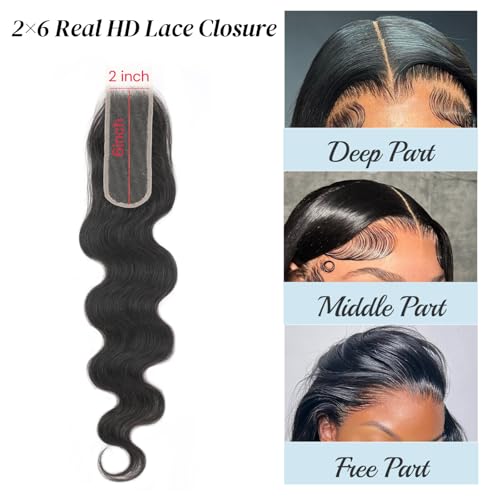 2X6 SKINLIKE 100% Real HD Lace Closure Body Wave Human Hair Closure 0.095mm Ultra-thin Invisible Swiss HD Lace Closure Pre Plucked Small Single Knots Brazilian Virgin Human Hair Kim K Closure 22inch