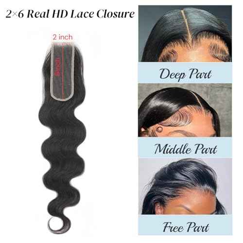2X6 SKINLIKE 100% Real HD Lace Closure Body Wave Human Hair Closure 0.095mm Ultra-thin Invisible Swiss HD Lace Closure Pre Plucked Small Single Knots Brazilian Virgin Human Hair Kim K Closure 14inch