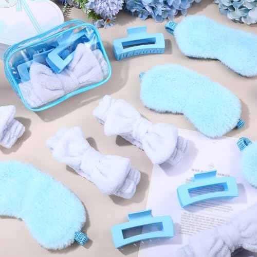 Hoteam 24 Pcs Sleepover Spa Party Favors Supplies 6 Spa Headband 6 Plush Sleep Eye Mask 6 Hair Claw Clips 6 Clear Cosmetic Bags for Slumber Party Christmas Gift(Blue)