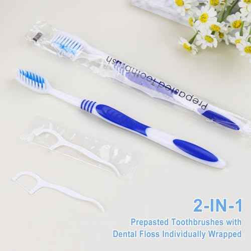 100 Prepasted Disposable Toothbrushes with Dental Floss Individually Wrapped Pre Pasted Toothbrushes Soft Bristle Travel Tooth Brush Single Use Wrapped for Hotel, Camping, Travel, Homeless