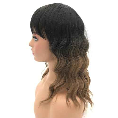 Short Bob Wig with Bangs Curly Wavy Wigs Shoulder Length Wigs for Women Girls Heat Resistant Synthetic Wig Halloween Cosplay Costume Black Ombre Brown