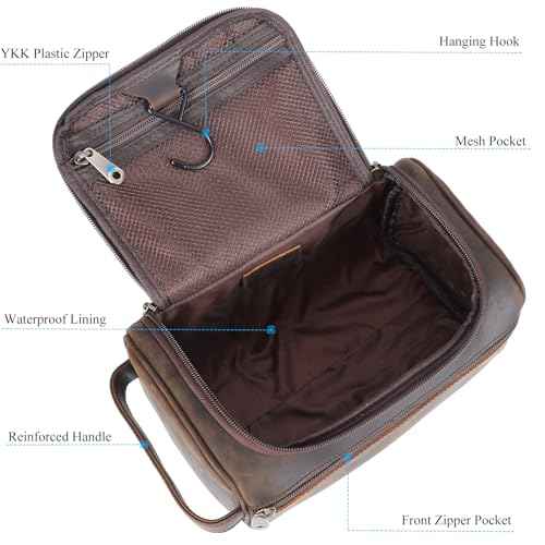 TIDING Mens Leather Hanging Toiletry Bag Travel Shaving Kit Portable Makeup Cosmetic Organizer Wash Case