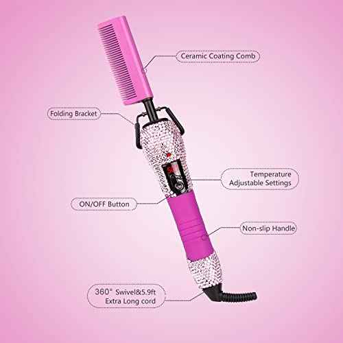 LURA Pink 180-500¡ÆF Hot Comb Electric for Wigs,Straightening Comb for African American Hair,Pressing Combs,Bling Diamonds Hair Straightener Brush for Women