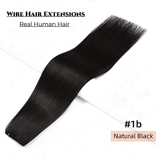 Wire Hair Extensions 18 Inch Invisible Fish Line Hair Extensions #1b Natural Black Wire Extensions Human Hair Piece with Transparent Line 100g Fish Wire Hair