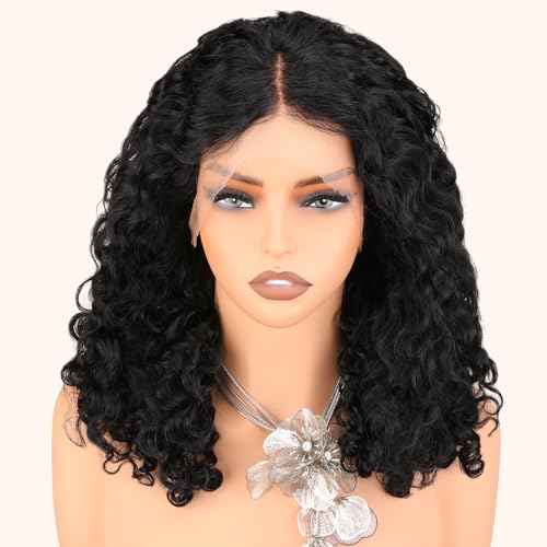 Burmese Curly Human Hair Wig with Bouncy End, 13x4 Lace Front Bouncy Curly Wigs Human Hair, Water Wave Blend Curly 100% Brazilian Human Hair, Pre Plucked Transparent Lace Natural Color 18 Inch