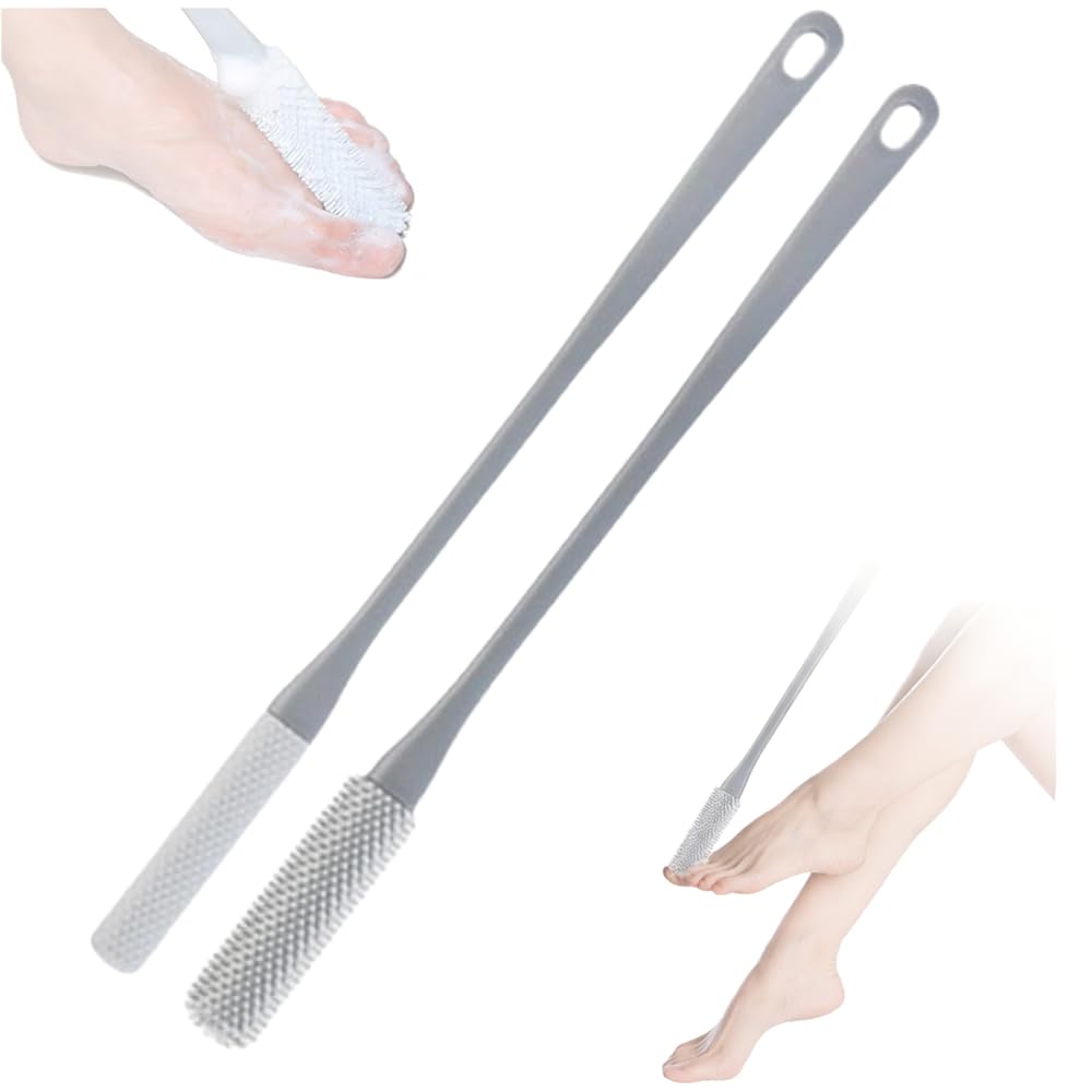 Toe Cleaning Brush, 15.7" Foot Scrubber with Long Handle Silicone Toe Gap Cleaner, Soft Rubber Brush Exfoliating Foot Scrubber for Shower - Seniors, Men and Women (Grey, 1 Set)