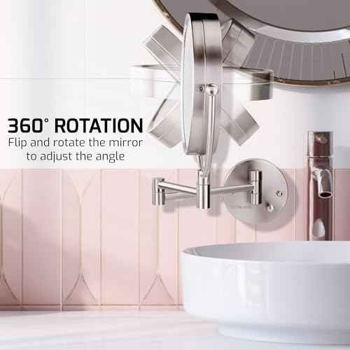 OVENTE Wall Mounted Lighted Makeup Vanity Mirror, 9" Hard Wired Double Sided 1X/7X Magnifying Bathroom Mirror, Dimmable LED Lights, 360¡Æ Rotation and 14" Extendable Arm, Nickel Brushed MPWD3185BR1X7X