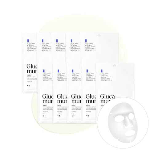 VT COSMETICS Glucamune Mask, Hydrating Vegan Sheet Mask for Face, Hypoallergenic, Fragrance-Free, for Dry & Sensitive Skin, Beta-Glucan, Glucosamine, Glass Skin Glow, Korean Skincare (10 pcs)